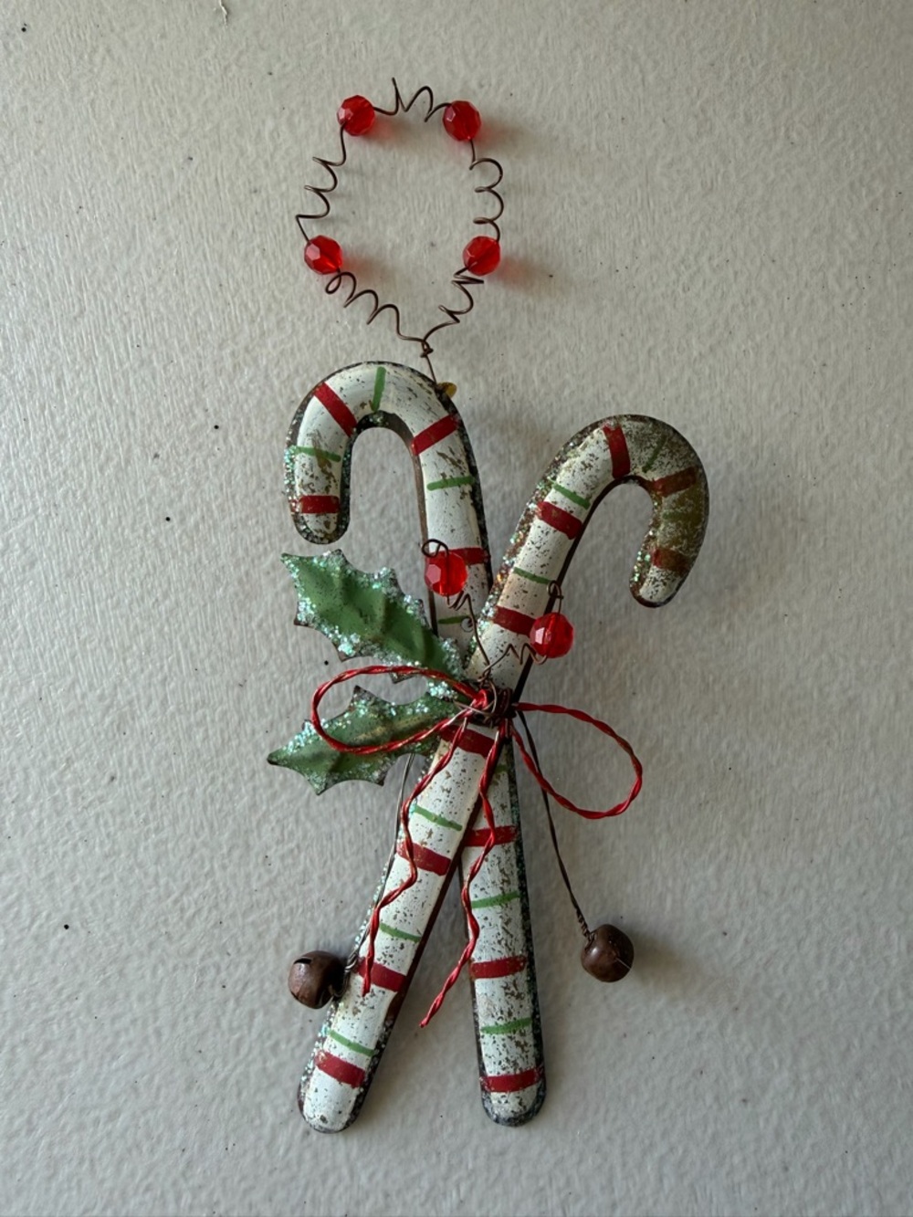 Rustic Metal Candy Cane Ornament with Holly & Bells - Red, White, Green